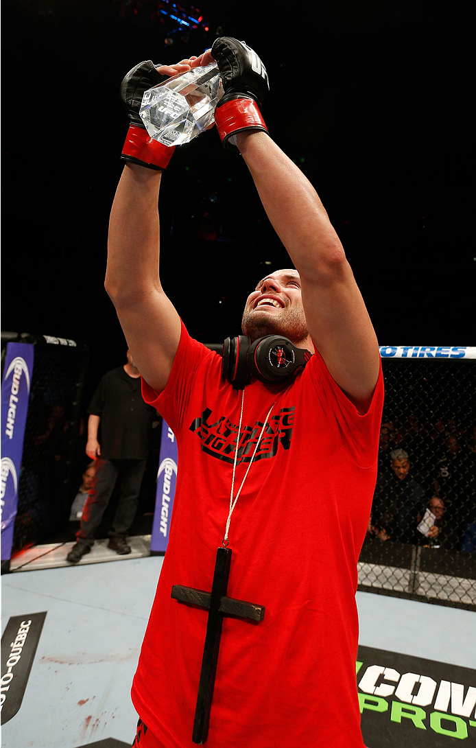 QUEBEC CITY, CANADA - APRIL 16:  Chad Laprise reacts after defeating Olivier Aubin-Mercier in their welterweight fight during the TUF Nations Finale at Colisee Pepsi on April 16, 2014 in Quebec City, Quebec, Canada. (Photo by Josh Hedges/Zuffa LLC/Zuffa L