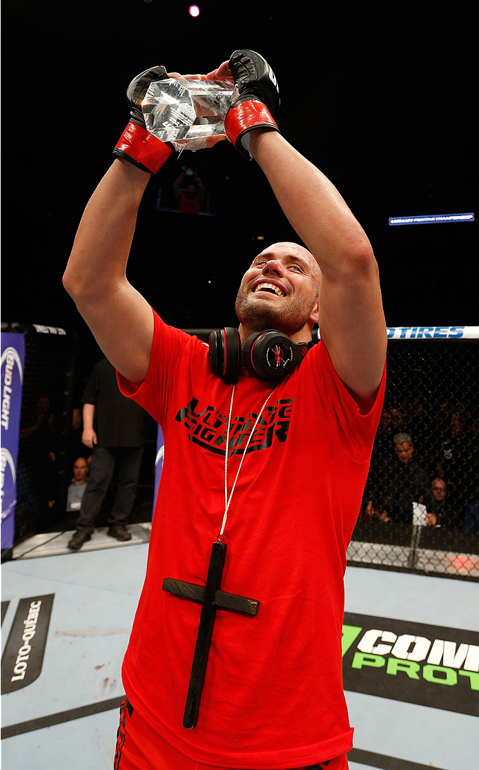 QUEBEC CITY, CANADA - APRIL 16:  Chad Laprise reacts after defeating Olivier Aubin-Mercier in their welterweight fight during the TUF Nations Finale at Colisee Pepsi on April 16, 2014 in Quebec City, Quebec, Canada. (Photo by Josh Hedges/Zuffa LLC/Zuffa L