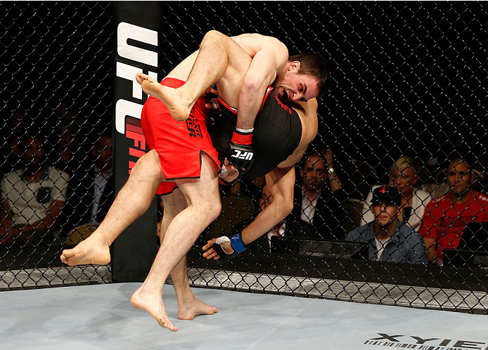 QUEBEC CITY, CANADA - APRIL 16:  (L-R) Sheldon Wescott takes down Elias Theodorou in their middleweight fight during the TUF Nations Finale at Colisee Pepsi on April 16, 2014 in Quebec City, Quebec, Canada. (Photo by Josh Hedges/Zuffa LLC/Zuffa LLC via Ge