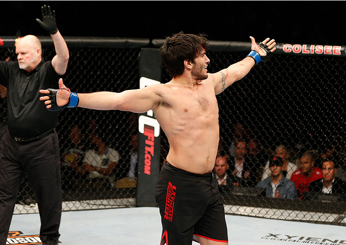 QUEBEC CITY, CANADA - APRIL 16:  Elias Theodorou reacts after his TKO victory over Sheldon Wescott in their middleweight fight during the TUF Nations Finale at Colisee Pepsi on April 16, 2014 in Quebec City, Quebec, Canada. (Photo by Josh Hedges/Zuffa LLC