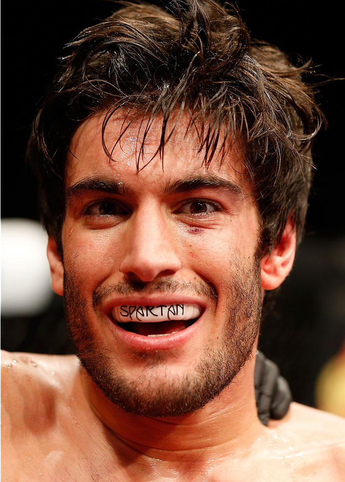 QUEBEC CITY, CANADA - APRIL 16:  Elias Theodorou reacts after his TKO victory over Sheldon Wescott in their middleweight fight during the TUF Nations Finale at Colisee Pepsi on April 16, 2014 in Quebec City, Quebec, Canada. (Photo by Josh Hedges/Zuffa LLC