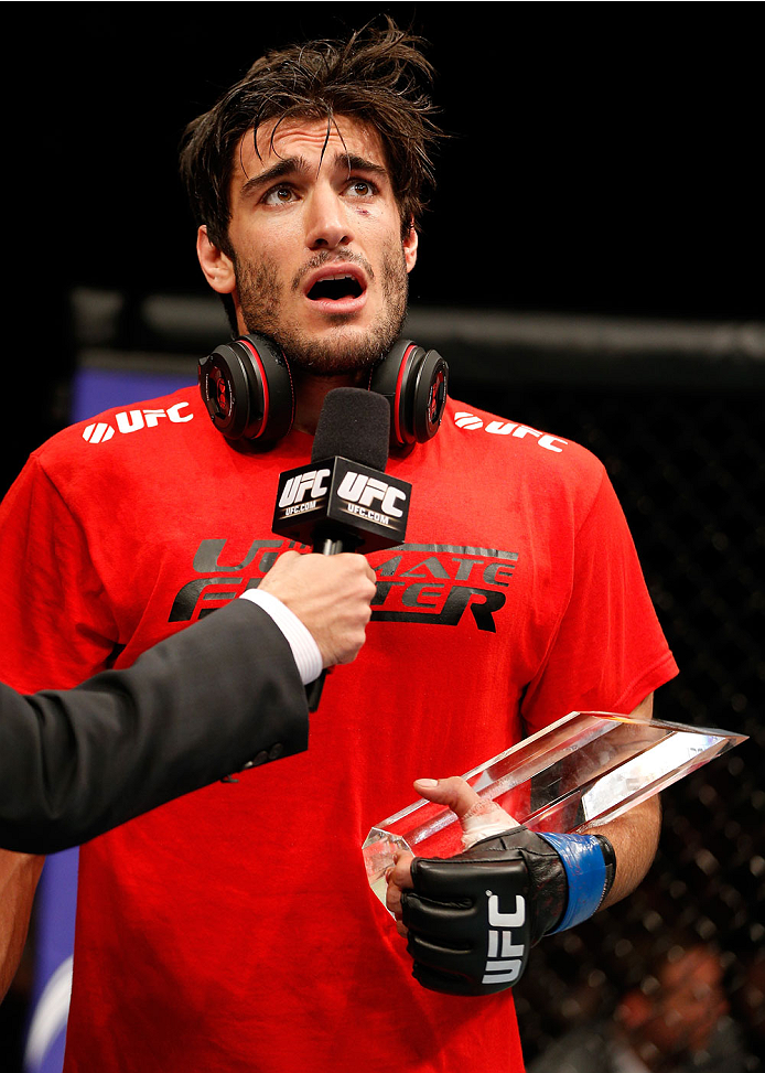 QUEBEC CITY, CANADA - APRIL 16: Elias Theodorou reacts after his TKO victory over Sheldon Wescott in their middleweight fight during the TUF Nations Finale at Colisee Pepsi on April 16, 2014 in Quebec City, Quebec, Canada. (Photo by Josh Hedges/Zuffa LLC