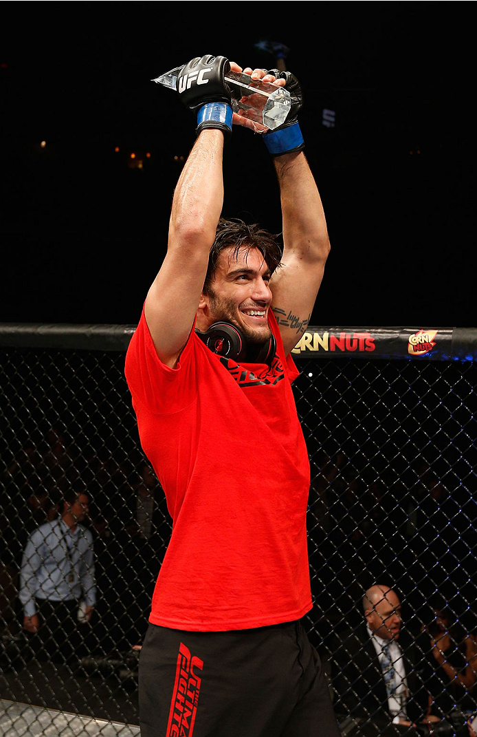 QUEBEC CITY, CANADA - APRIL 16:  Elias Theodorou reacts after his TKO victory over Sheldon Wescott in their middleweight fight during the TUF Nations Finale at Colisee Pepsi on April 16, 2014 in Quebec City, Quebec, Canada. (Photo by Josh Hedges/Zuffa LLC