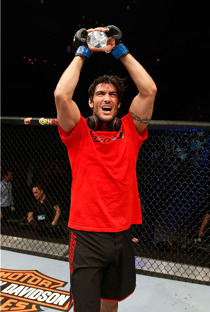 QUEBEC CITY, CANADA - APRIL 16:  Elias Theodorou reacts after his TKO victory over Sheldon Wescott in their middleweight fight during the TUF Nations Finale at Colisee Pepsi on April 16, 2014 in Quebec City, Quebec, Canada. (Photo by Josh Hedges/Zuffa LLC