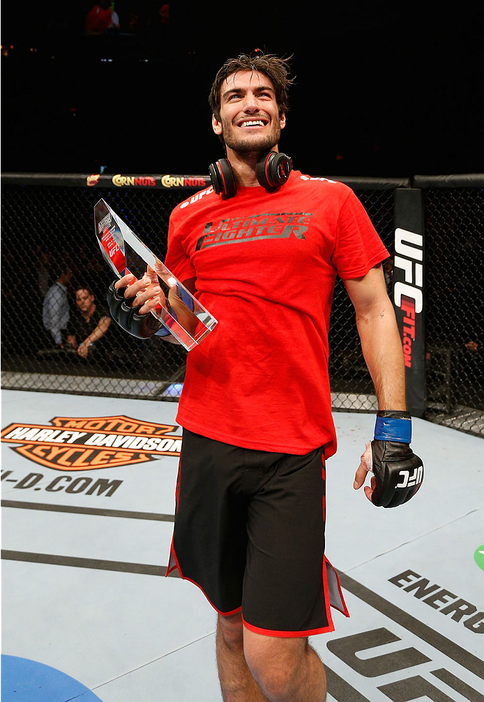 QUEBEC CITY, CANADA - APRIL 16:  Elias Theodorou reacts after his TKO victory over Sheldon Wescott in their middleweight fight during the TUF Nations Finale at Colisee Pepsi on April 16, 2014 in Quebec City, Quebec, Canada. (Photo by Josh Hedges/Zuffa LLC