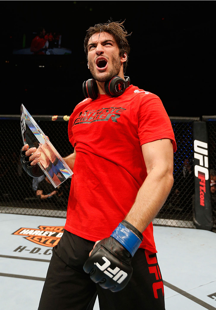 QUEBEC CITY, CANADA - APRIL 16:  Elias Theodorou reacts after his TKO victory over Sheldon Wescott in their middleweight fight during the TUF Nations Finale at Colisee Pepsi on April 16, 2014 in Quebec City, Quebec, Canada. (Photo by Josh Hedges/Zuffa LLC