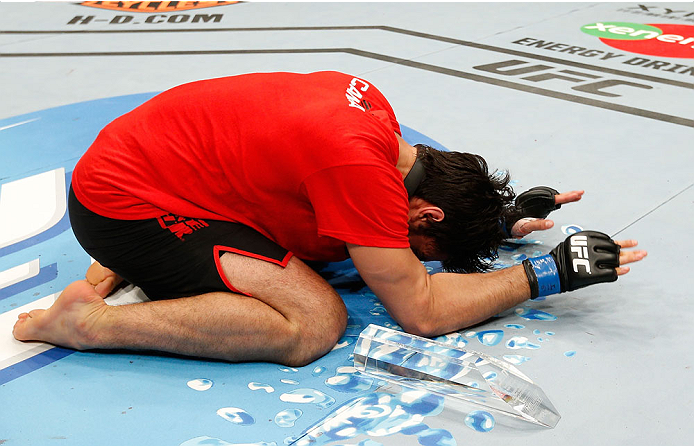 QUEBEC CITY, CANADA - APRIL 16:  Elias Theodorou reacts after his TKO victory over Sheldon Wescott in their middleweight fight during the TUF Nations Finale at Colisee Pepsi on April 16, 2014 in Quebec City, Quebec, Canada. (Photo by Josh Hedges/Zuffa LLC