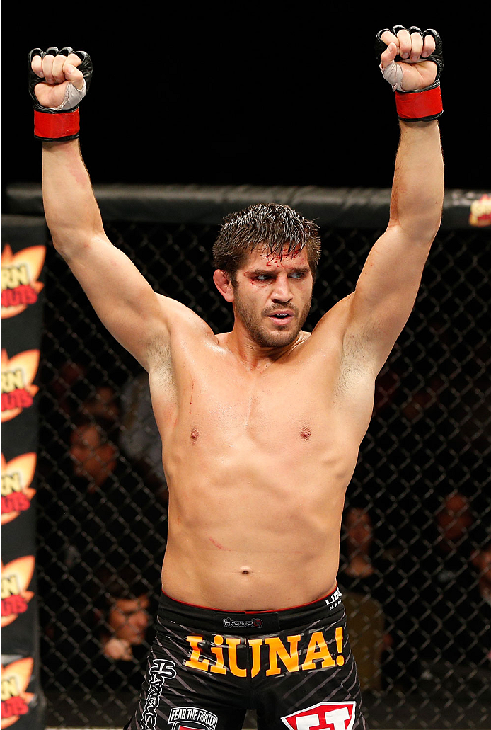 QUEBEC CITY, CANADA - APRIL 16:  Patrick Cote reacts after his victory over Kyle Noke in their welterweight fight during the TUF Nations Finale at Colisee Pepsi on April 16, 2014 in Quebec City, Quebec, Canada. (Photo by Josh Hedges/Zuffa LLC/Zuffa LLC vi