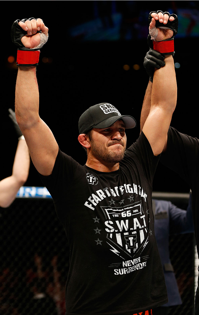 QUEBEC CITY, CANADA - APRIL 16:  Patrick Cote reacts after his victory over Kyle Noke in their welterweight fight during the TUF Nations Finale at Colisee Pepsi on April 16, 2014 in Quebec City, Quebec, Canada. (Photo by Josh Hedges/Zuffa LLC/Zuffa LLC vi