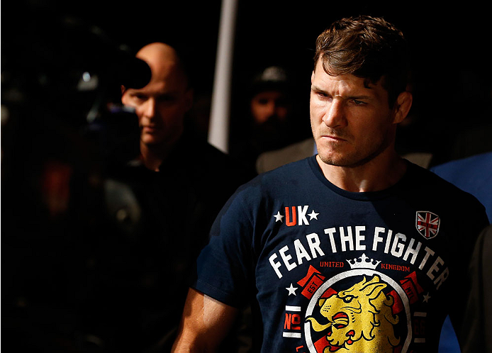 QUEBEC CITY, CANADA - APRIL 16:  Michael Bisping enters the arena before his middleweight fight against Tim Kennedy during the TUF Nations Finale at Colisee Pepsi on April 16, 2014 in Quebec City, Quebec, Canada. (Photo by Josh Hedges/Zuffa LLC/Zuffa LLC 