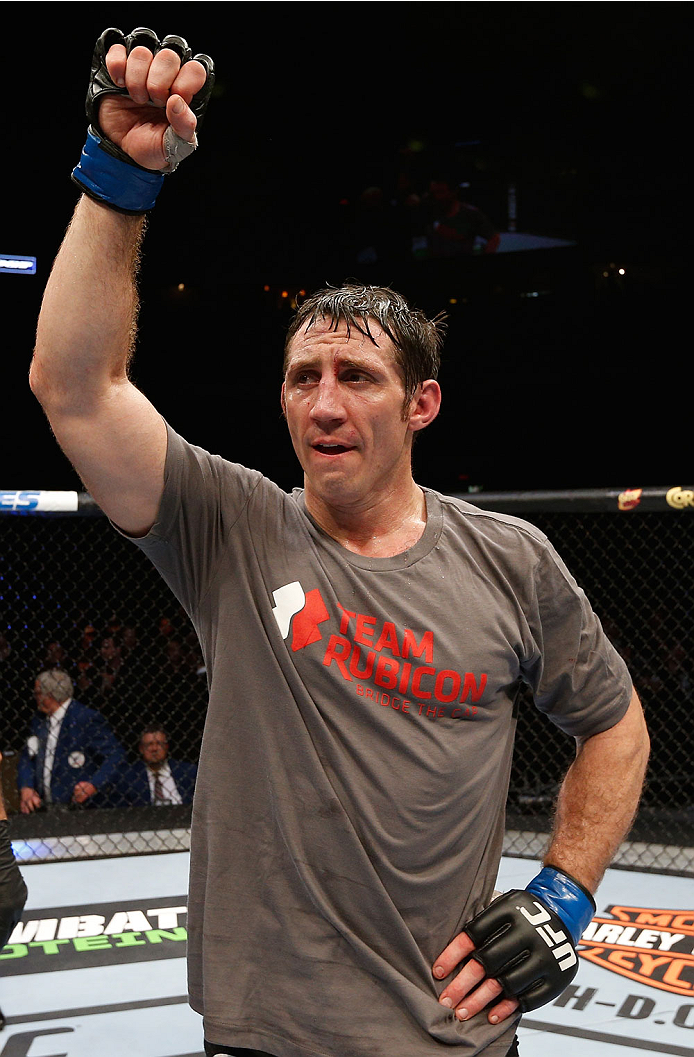 QUEBEC CITY, CANADA - APRIL 16:  Tim Kennedy reacts after his decision victory over Michael Bisping in their middleweight fight during the TUF Nations Finale at Colisee Pepsi on April 16, 2014 in Quebec City, Quebec, Canada. (Photo by Josh Hedges/Zuffa LL