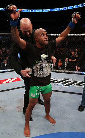 TORONTO, CANADA - SEPTEMBER 22: Demetrious Johnson reacts after defeating Joseph Benavidez during their flyweight championship bout at UFC 152 inside Air Canada Centre on September 22, 2012 in Toronto, Ontario, Canada. (Photo by Josh Hedges/Zuffa LLC/Zuff