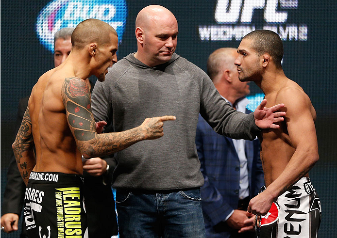 LAS VEGAS, NV - DECEMBER 27: (L-R) Opponents Dustin Poirier and Diego Brandao face off during the UFC 168 weigh-in at the MGM Grand Garden Arena on December 27, 2013 in Las Vegas, Nevada. (Photo by Josh Hedges/Zuffa LLC/Zuffa LLC via Getty Images)