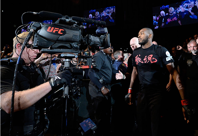 BALTIMORE, MD - APRIL 26:  Jon "Bones" Jones enters the arena before his light heavyweight championship bout during the UFC 172 event at the Baltimore Arena on April 26, 2014 in Baltimore, Maryland. (Photo by Josh Hedges/Zuffa LLC/Zuffa LLC via Getty Imag