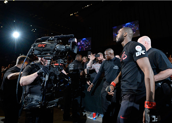 BALTIMORE, MD - APRIL 26:  Jon "Bones" Jones enters the arena before his light heavyweight championship bout during the UFC 172 event at the Baltimore Arena on April 26, 2014 in Baltimore, Maryland. (Photo by Josh Hedges/Zuffa LLC/Zuffa LLC via Getty Imag