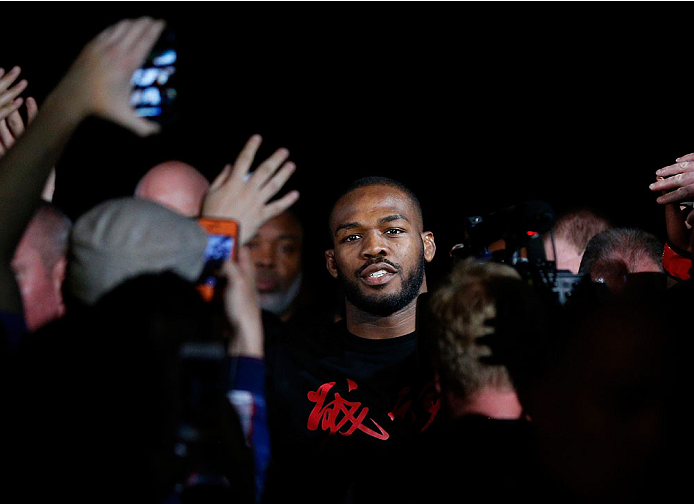 BALTIMORE, MD - APRIL 26: Jon "Bones" Jones enters the arena before his light heavyweight championship bout against Glover Teixeira during the UFC 172 event at the Baltimore Arena on April 26, 2014 in Baltimore, Maryland. (Photo by Josh Hedges/Zuffa LLC/