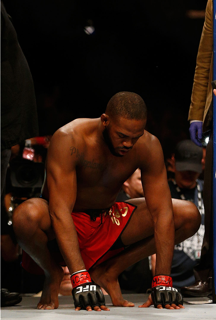 BALTIMORE, MD - APRIL 26: Jon "Bones" Jones enters the Octagon before his light heavyweight championship bout against Glover Teixeira during the UFC 172 event at the Baltimore Arena on April 26, 2014 in Baltimore, Maryland. (Photo by Josh Hedges/Zuffa LL