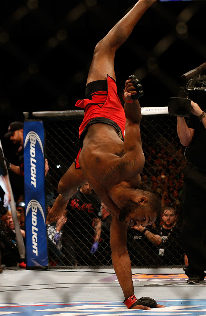 BALTIMORE, MD - APRIL 26: Jon "Bones" Jones enters the Octagon before his light heavyweight championship bout against Glover Teixeira during the UFC 172 event at the Baltimore Arena on April 26, 2014 in Baltimore, Maryland. (Photo by Josh Hedges/Zuffa LL