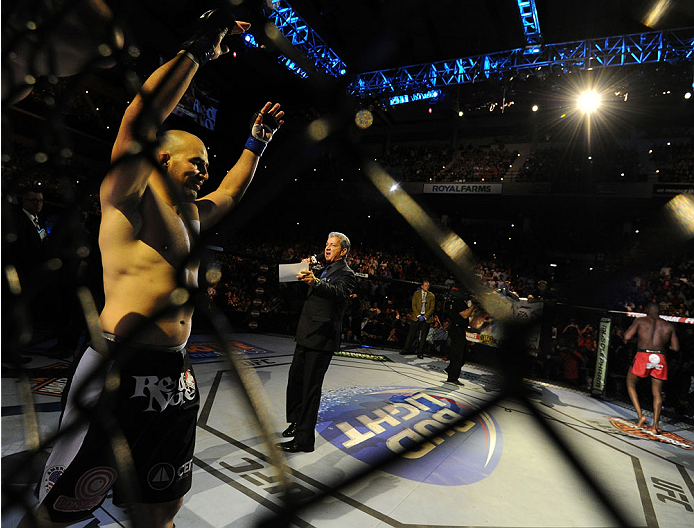 BALTIMORE, MD - APRIL 26:   Glover Teixeira is introduced before his light heavyweight championship bout against Jon "Bones" Jones during the UFC 172 event at the Baltimore Arena on April 26, 2014 in Baltimore, Maryland. (Photo by Patrick Smith/Zuffa LLC/