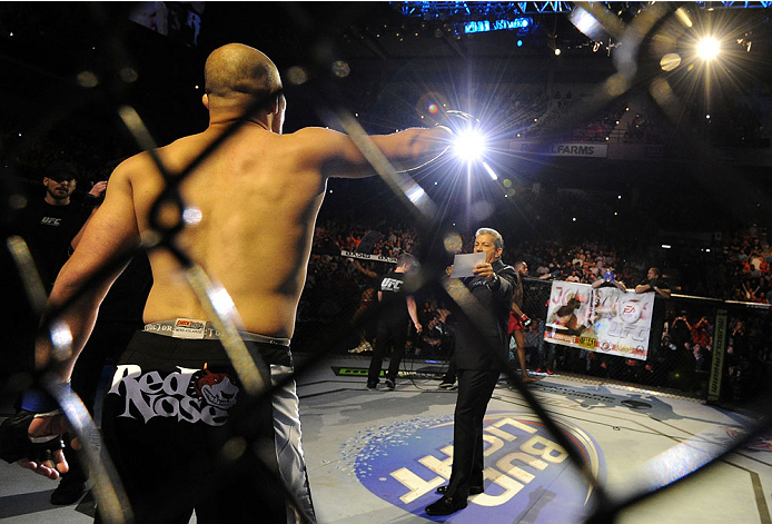 BALTIMORE, MD - APRIL 26:   Glover Teixeira is introduced before his light heavyweight championship bout against Jon "Bones" Jones during the UFC 172 event at the Baltimore Arena on April 26, 2014 in Baltimore, Maryland. (Photo by Patrick Smith/Zuffa LLC/