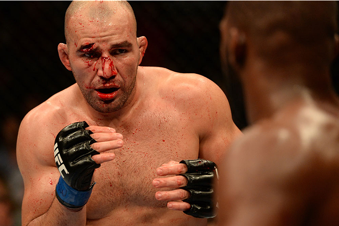 BALTIMORE, MD - APRIL 26:  (L-R) Glover Teixeira squares off with Jon "Bones" Jones in their light heavyweight championship bout during the UFC 172 event at the Baltimore Arena on April 26, 2014 in Baltimore, Maryland. (Photo by Patrick Smith/Zuffa LLC/Zu