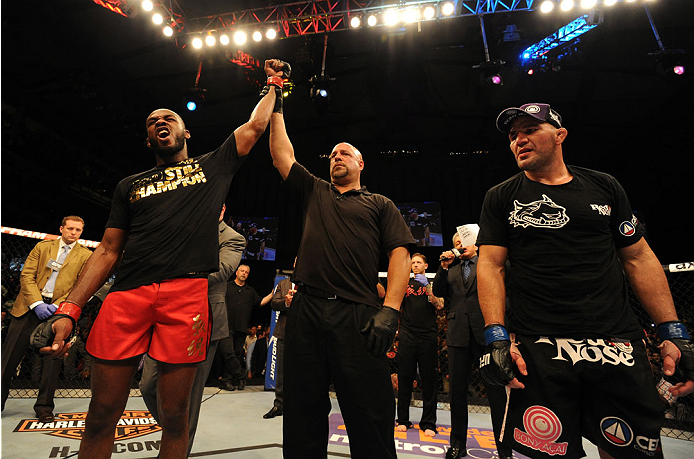 BALTIMORE, MD - APRIL 26:  Jon "Bones" Jones reacts after defeating Glover Teixeira in their light heavyweight championship bout during the UFC 172 event at the Baltimore Arena on April 26, 2014 in Baltimore, Maryland. (Photo by Patrick Smith/Zuffa LLC/Zu