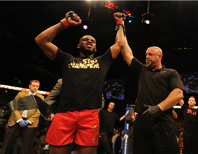 BALTIMORE, MD - APRIL 26: Jon "Bones" Jones reacts after defeating Glover Teixeira in their light heavyweight championship bout during the UFC 172 event at the Baltimore Arena on April 26, 2014 in Baltimore, Maryland. (Photo by Patrick Smith/Zuffa LLC/Zu