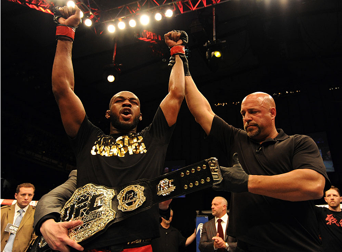 BALTIMORE, MD - APRIL 26: Jon "Bones" Jones reacts after defeating Glover Teixeira in their light heavyweight championship bout during the UFC 172 event at the Baltimore Arena on April 26, 2014 in Baltimore, Maryland. (Photo by Patrick Smith/Zuffa LLC/Zu
