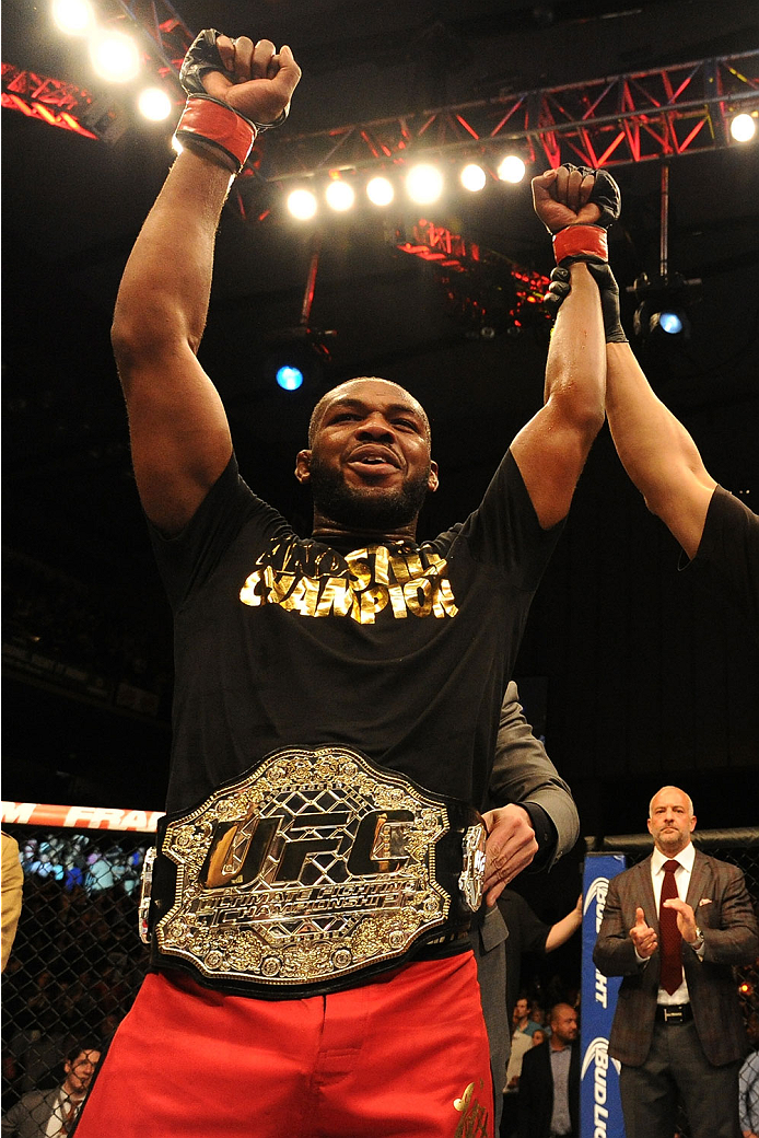 BALTIMORE, MD - APRIL 26:  Jon "Bones" Jones reacts after defeating Glover Teixeira in their light heavyweight championship bout during the UFC 172 event at the Baltimore Arena on April 26, 2014 in Baltimore, Maryland. (Photo by Patrick Smith/Zuffa LLC/Zu