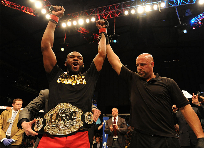 BALTIMORE, MD - APRIL 26:  Jon "Bones" Jones reacts after defeating Glover Teixeira in their light heavyweight championship bout during the UFC 172 event at the Baltimore Arena on April 26, 2014 in Baltimore, Maryland. (Photo by Patrick Smith/Zuffa LLC/Zu