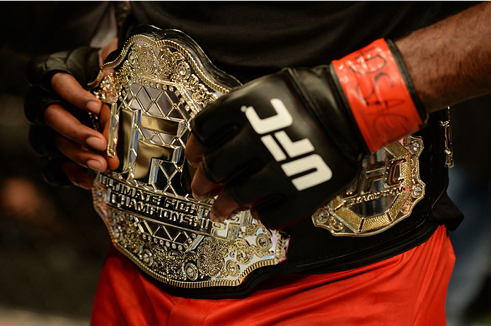 BALTIMORE, MD - APRIL 26: Jon "Bones" Jones reacts after defeating Glover Teixeira in their light heavyweight championship bout during the UFC 172 event at the Baltimore Arena on April 26, 2014 in Baltimore, Maryland. (Photo by Patrick Smith/Zuffa LLC/Zu