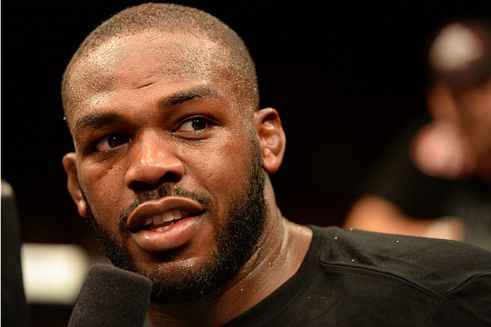 BALTIMORE, MD - APRIL 26: Jon "Bones" Jones is interviewed after defeating Glover Teixeira in their light heavyweight championship bout during the UFC 172 event at the Baltimore Arena on April 26, 2014 in Baltimore, Maryland. (Photo by Patrick Smith/Zuff