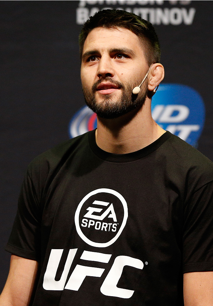 VANCOUVER, BC - JUNE 13:  Carlos Condit interacts with fans during a Q&A session before the UFC 174 weigh-in at Rogers Arena on June 13, 2014 in Vancouver, Canada.  (Photo by Josh Hedges/Zuffa LLC/Zuffa LLC via Getty Images)