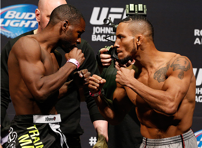 VANCOUVER, BC - JUNE 13:  (L-R) Opponents Yves Jabouin and Mike Easton face off during the UFC 174 weigh-in at Rogers Arena on June 13, 2014 in Vancouver, Canada.  (Photo by Josh Hedges/Zuffa LLC/Zuffa LLC via Getty Images)