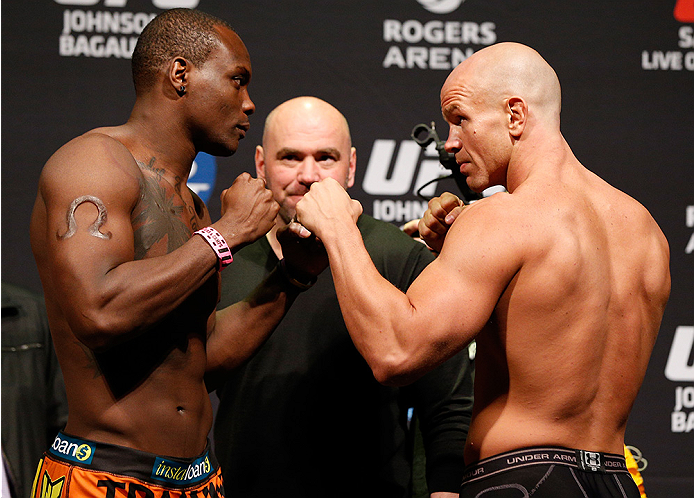 VANCOUVER, BC - JUNE 13:  (L-R) Opponents Ovince Saint Preux and Ryan Jimmo face off during the UFC 174 weigh-in at Rogers Arena on June 13, 2014 in Vancouver, Canada.  (Photo by Josh Hedges/Zuffa LLC/Zuffa LLC via Getty Images)