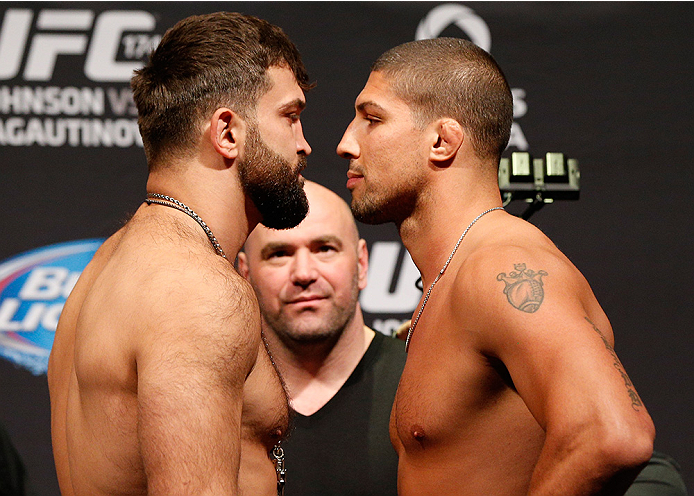 VANCOUVER, BC - JUNE 13: (L-R) Opponents Andrei Arlovski and Brendan Schaub face off during the UFC 174 weigh-in at Rogers Arena on June 13, 2014 in Vancouver, Canada. (Photo by Josh Hedges/Zuffa LLC/Zuffa LLC via Getty Images)