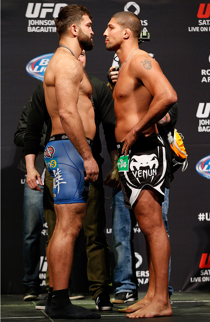 VANCOUVER, BC - JUNE 13: (L-R) Opponents Andrei Arlovski and Brendan Schaub face off during the UFC 174 weigh-in at Rogers Arena on June 13, 2014 in Vancouver, Canada. (Photo by Josh Hedges/Zuffa LLC/Zuffa LLC via Getty Images)