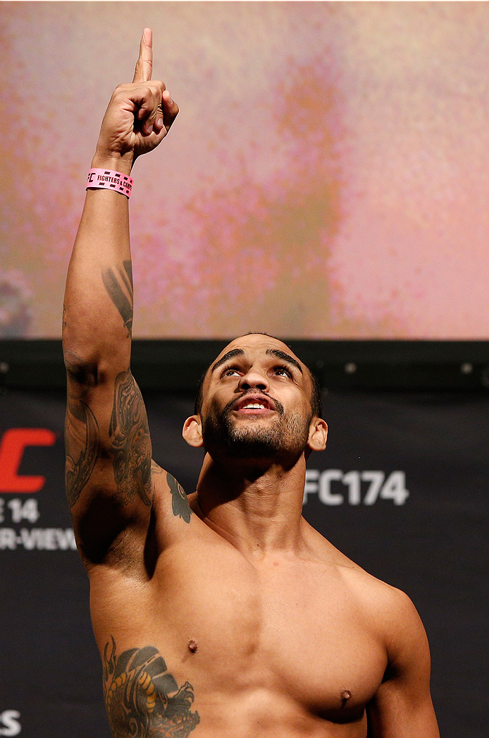 VANCOUVER, BC - JUNE 13: Rafael "Feijao" Cavalcante weighs in during the UFC 174 weigh-in at Rogers Arena on June 13, 2014 in Vancouver, Canada. (Photo by Josh Hedges/Zuffa LLC/Zuffa LLC via Getty Images)