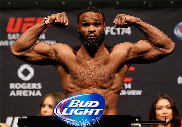 VANCOUVER, BC - JUNE 13: Tyron Woodley weighs in during the UFC 174 weigh-in at Rogers Arena on June 13, 2014 in Vancouver, Canada. (Photo by Josh Hedges/Zuffa LLC/Zuffa LLC via Getty Images)