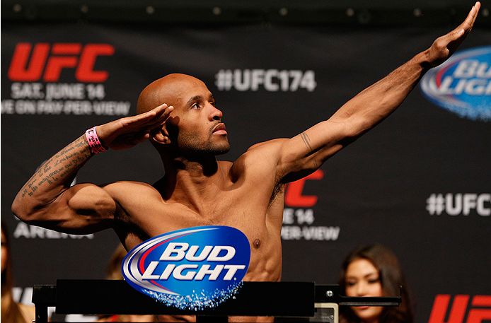 VANCOUVER, BC - JUNE 13: UFC flyweight champion Demetrious "Mighty Mouse" Johnson weighs in during the UFC 174 weigh-in at Rogers Arena on June 13, 2014 in Vancouver, Canada. (Photo by Josh Hedges/Zuffa LLC/Zuffa LLC via Getty Images)