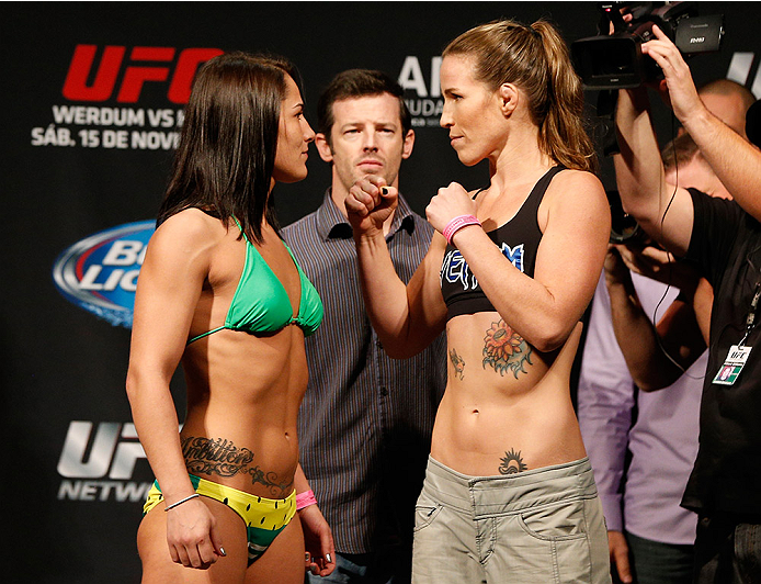 MEXICO CITY, MEXICO - NOVEMBER 14: (L-R) Opponents Jessica Eye of the United States and Leslie Smith of the United States face off during the UFC 180 weigh-in inside the Arena Ciudad de Mexcio on November 14, 2014 in Mexico City, Mexico. (Photo by Josh