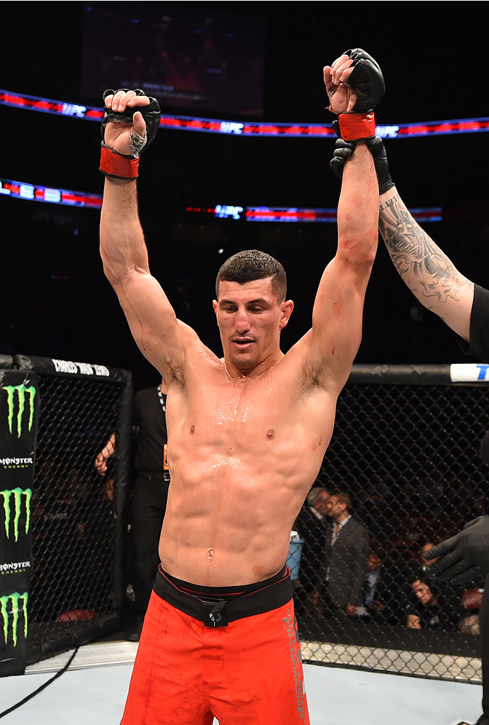 MONTREAL, QC - APRIL 25:   Nordine Taleb of Canada reacts after his decision victory over Chris Clements in their welterweight bout during the UFC 186 event at the Bell Centre on April 25, 2015 in Montreal, Quebec, Canada. (Photo by Josh Hedges/Zuffa LLC/