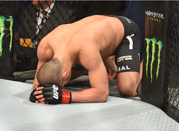 MONTREAL, QC - APRIL 25:   Chad Laprise of Canada prepares to enter the Octagon before his lightweight bout against Bryan Barberena of the United States during the UFC 186 event at the Bell Centre on April 25, 2015 in Montreal, Quebec, Canada. (Photo by J