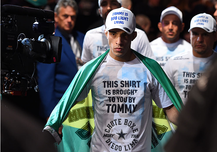 MONTREAL, QC - APRIL 25:   Thomas Almeida of Brazil prepares to enter the Octagon before his bantamweight bout against Yves Jabouin during the UFC 186 event at the Bell Centre on April 25, 2015 in Montreal, Quebec, Canada. (Photo by Josh Hedges/Zuffa LLC/