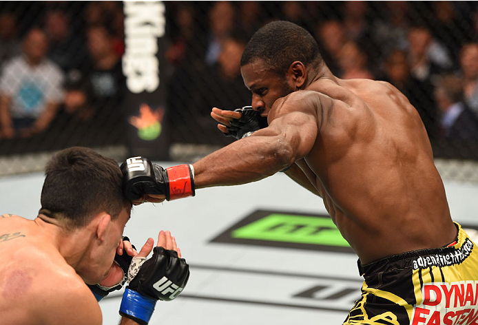 MONTREAL, QC - APRIL 25:   (R-L) Yves Jabouin of Canada punches Thomas Almeida of Brazil in their bantamweight bout during the UFC 186 event at the Bell Centre on April 25, 2015 in Montreal, Quebec, Canada. (Photo by Josh Hedges/Zuffa LLC/Zuffa LLC via Ge