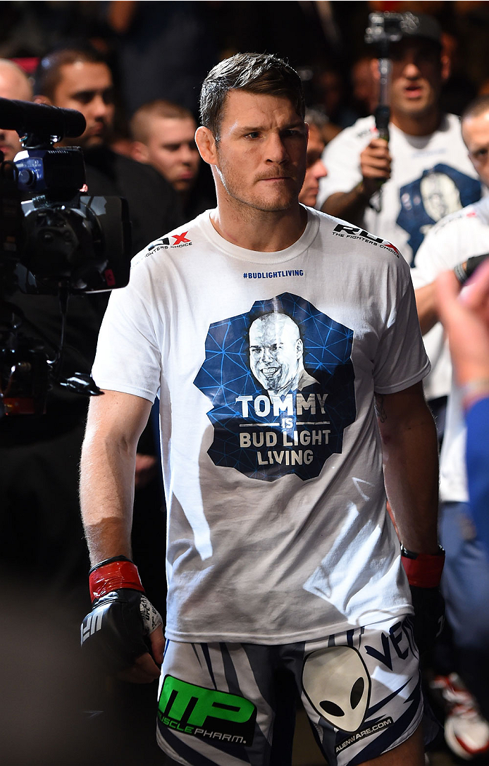 MONTREAL, QC - APRIL 25:   Michael Bisping of England prepares to enter the Octagon before his middleweight bout against CB Dollaway during the UFC 186 event at the Bell Centre on April 25, 2015 in Montreal, Quebec, Canada. (Photo by Josh Hedges/Zuffa LLC