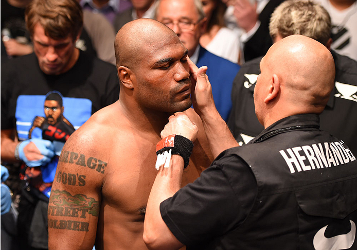 MONTREAL, QC - APRIL 25: Quinton 'Rampage' Jackson of the United States prepares to enter the Octagon before his catchweight bout against Fabio Maldonado during the UFC 186 event at the Bell Centre on April 25, 2015 in Montreal, Quebec, Canada. (Photo b