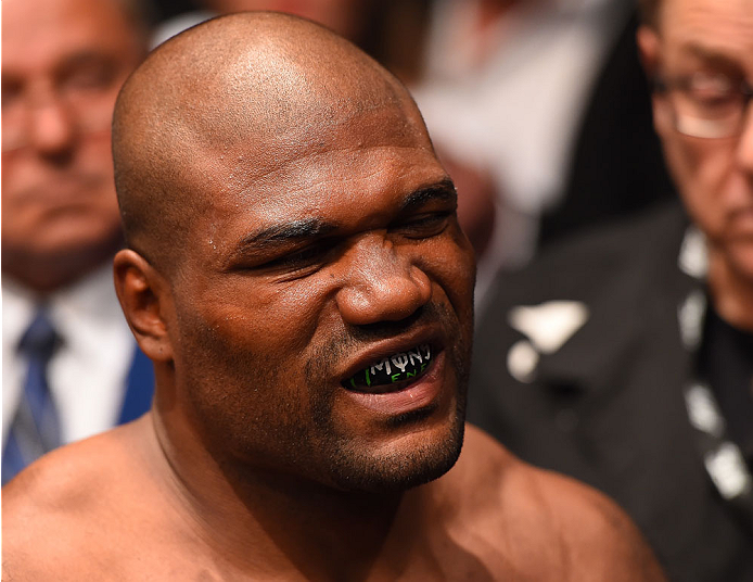 MONTREAL, QC - APRIL 25:   Quinton 'Rampage' Jackson of the United States prepares to enter the Octagon before his catchweight bout against Fabio Maldonado during the UFC 186 event at the Bell Centre on April 25, 2015 in Montreal, Quebec, Canada. (Photo b