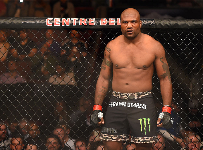 MONTREAL, QC - APRIL 25:   Quinton 'Rampage' Jackson of the United States stands in the Octagon before his catchweight bout against Fabio Maldonado during the UFC 186 event at the Bell Centre on April 25, 2015 in Montreal, Quebec, Canada. (Photo by Josh H