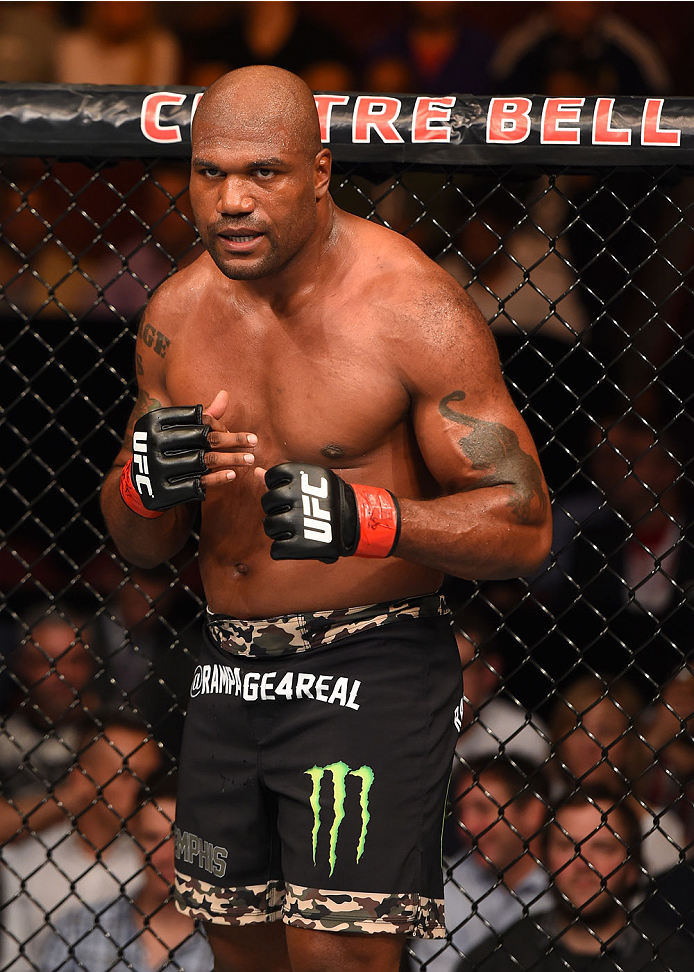 MONTREAL, QC - APRIL 25:   Quinton 'Rampage' Jackson of the United States stands in the Octagon between rounds of his catchweight bout against Fabio Maldonado during the UFC 186 event at the Bell Centre on April 25, 2015 in Montreal, Quebec, Canada. (Phot